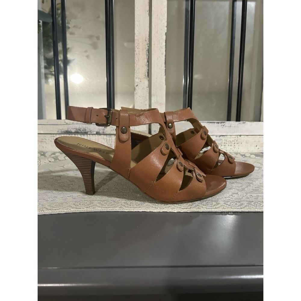 Nine West Saddle Tan Leather Gladiator Sandals Sz 8 Stacked 3" Kitten Heels